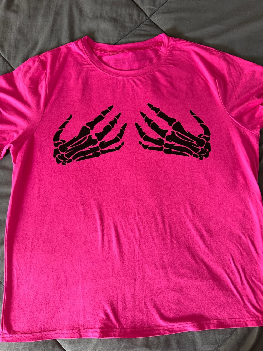 SHEIN Hot Pink Short Sleeve Tee with Black Skeleton Hands Graphic